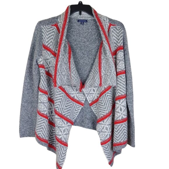 American Eagle Outfitters open front sweater knit cardigan red gray Fair Isle - Picture 1 of 8